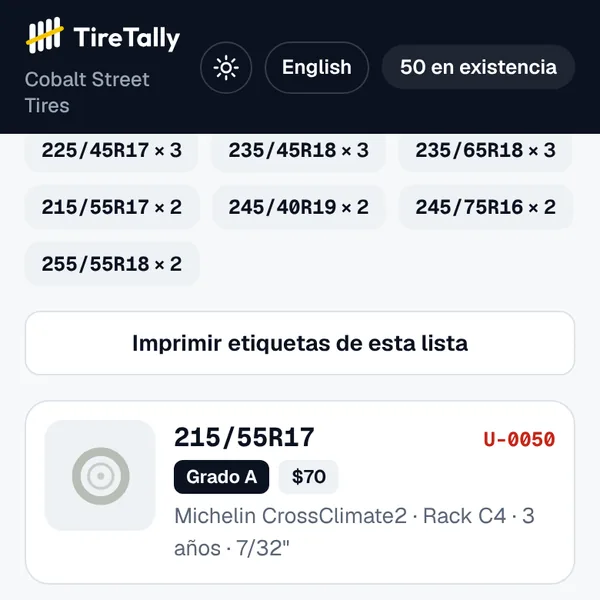 The TireTally app in Spanish