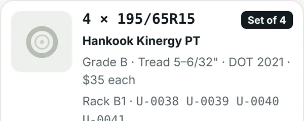 A set of four Hankook Kinergy PT tires, grouped by TireTally