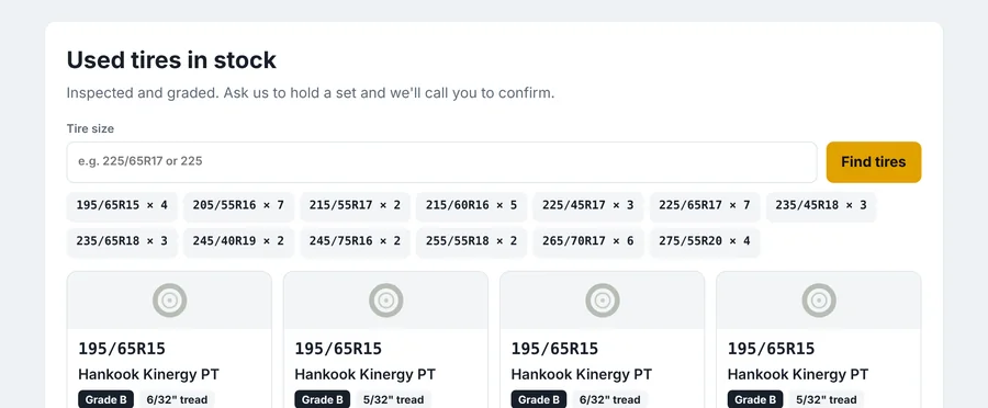 The TireTally widget showing used tires inside a shop's own website