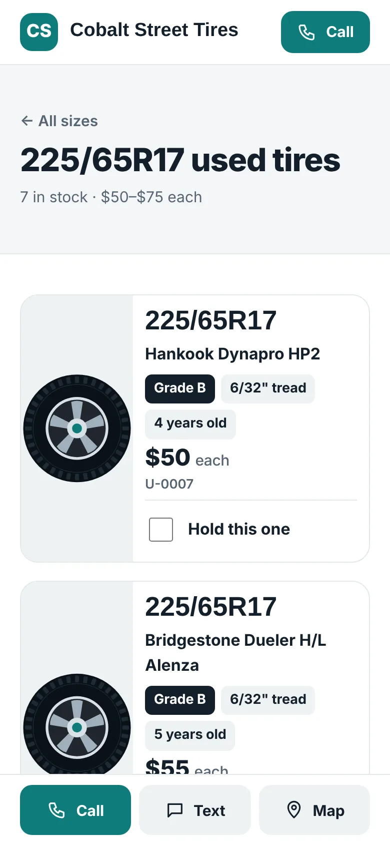 The same tires on the shop's own website, on a customer's phone
